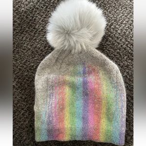 Adrienne Landau Metallic Rainbow Faux Fur Pom Beanie